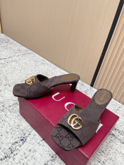 GUCCI 26S HIGH HEELS IN DARK BROWN CANVAS WITH GOLD HARDWARE