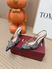 GUCCI 26S SLINGBACK HEELS 105 MM IN GREY CANVAS MIX NAVY BLUE LAMBSKIN