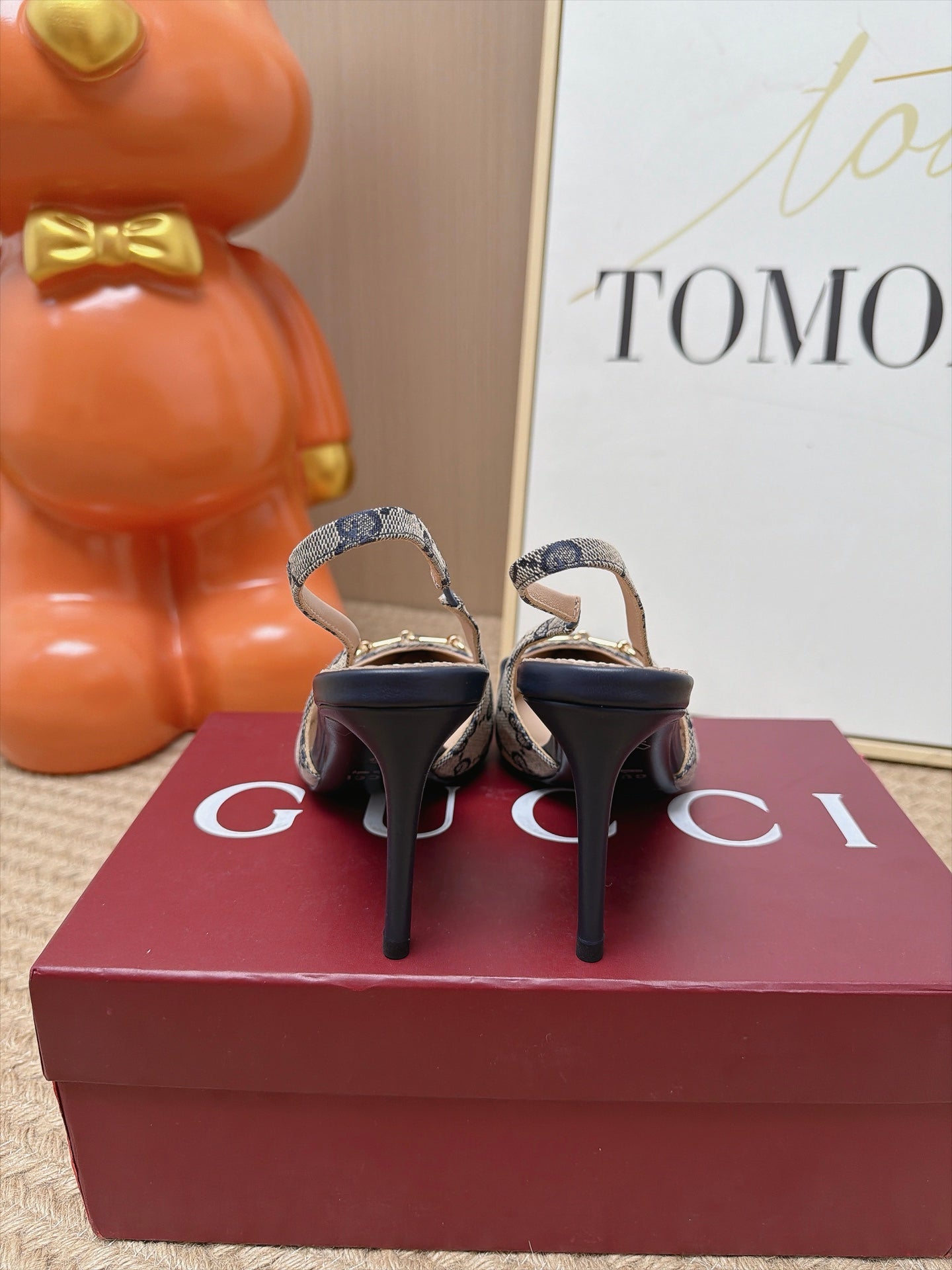 GUCCI 26S SLINGBACK HEELS 105 MM IN GREY CANVAS MIX NAVY BLUE LAMBSKIN