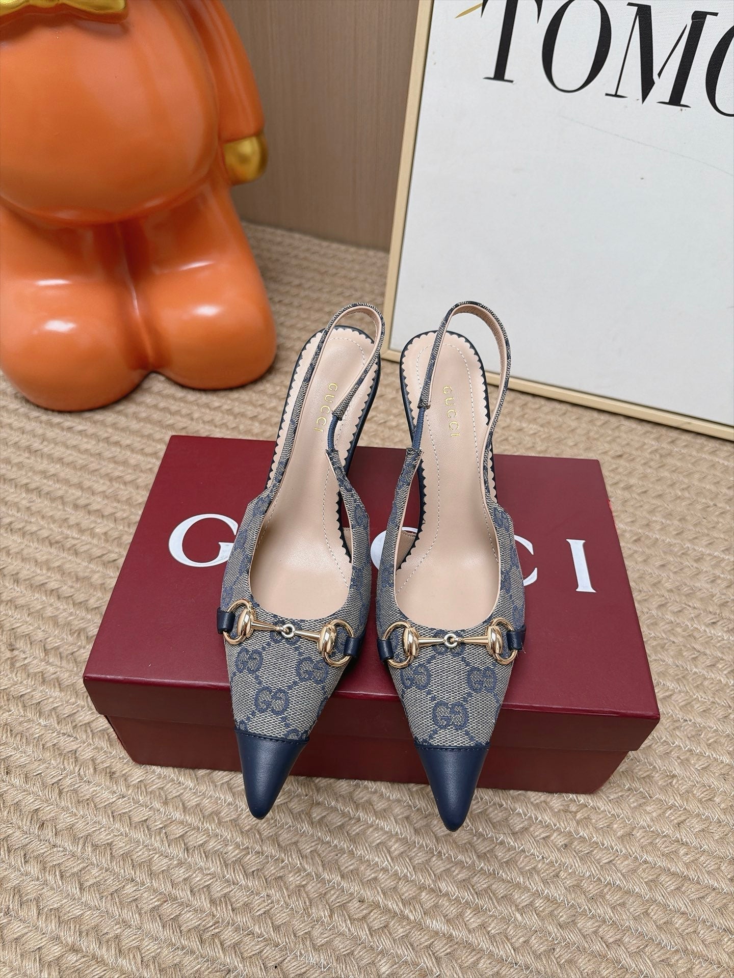 GUCCI 26S SLINGBACK HEELS 105 MM IN GREY CANVAS MIX NAVY BLUE LAMBSKIN