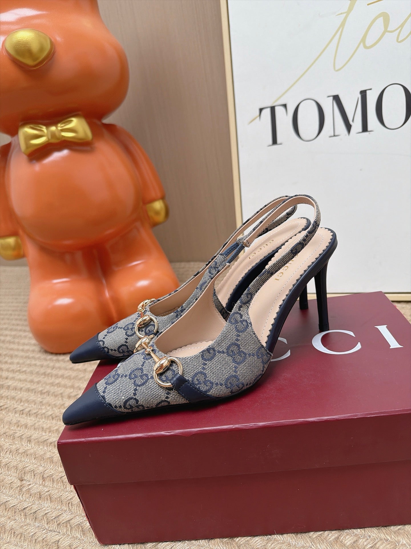 GUCCI 26S SLINGBACK HEELS 105 MM IN GREY CANVAS MIX NAVY BLUE LAMBSKIN