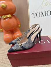 GUCCI 26S SLINGBACK HEELS 105 MM IN GREY CANVAS MIX NAVY BLUE LAMBSKIN