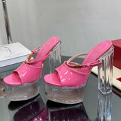 HIGH HEEL SANDAL 14CM IN BRIGHT PINK CALFSKIN AND TRANSPARENT PVC