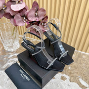 SL STRAP WHITE CRYSTAL HIGH SANDAL BLACK SATIN