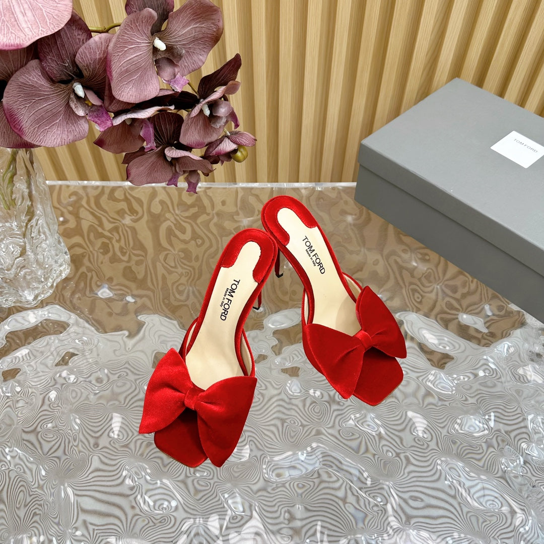 HIGH HEEL 10 MULE IN CHERRY RED VELVET WITH BOW