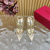 ROCKSTUD MIRROR-EFFECT PUMP WITH MATCHING STRAPS AND STUDS 95 MM GOLD CALFSKIN  AND MESH