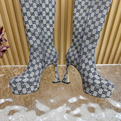 PLATFORM KNEE BOOTS IN LIGHT GRAY MONOGRAM CANVAS AND SHEEPSKIN LINING