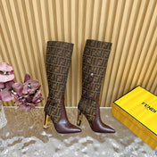 FF BOOTIES HIGH BOOTS IN SANGRIA CALFSKIN AND MEDIUM BROWN MONOGRAM FF FABRIC