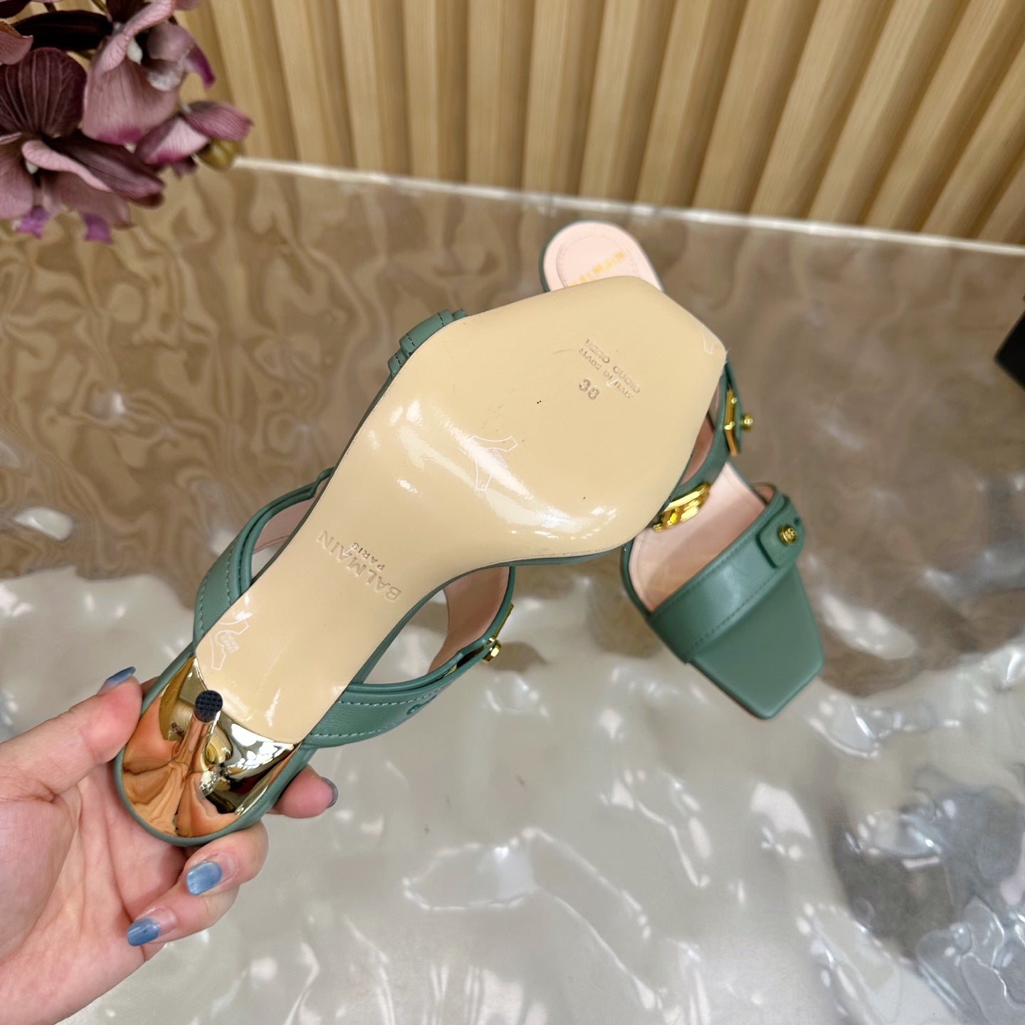BALMAIN 25S MULES IN STRIPED LEATHER 95MM IN DUSTY GREEN CALFSKIN GOLD HARDWARE