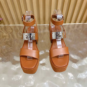 HM 25S CLASSIC WEDGE SANDALS 70 MM IN BROWN LAMBSKIN WITH SILVER HARDWARE