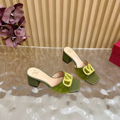 VALENTINO 25S HIGH-HEEL MULES 60 MM IN MOSS GREEN VELVET AND CALFSKIN WITH GOLD HARDWARE
