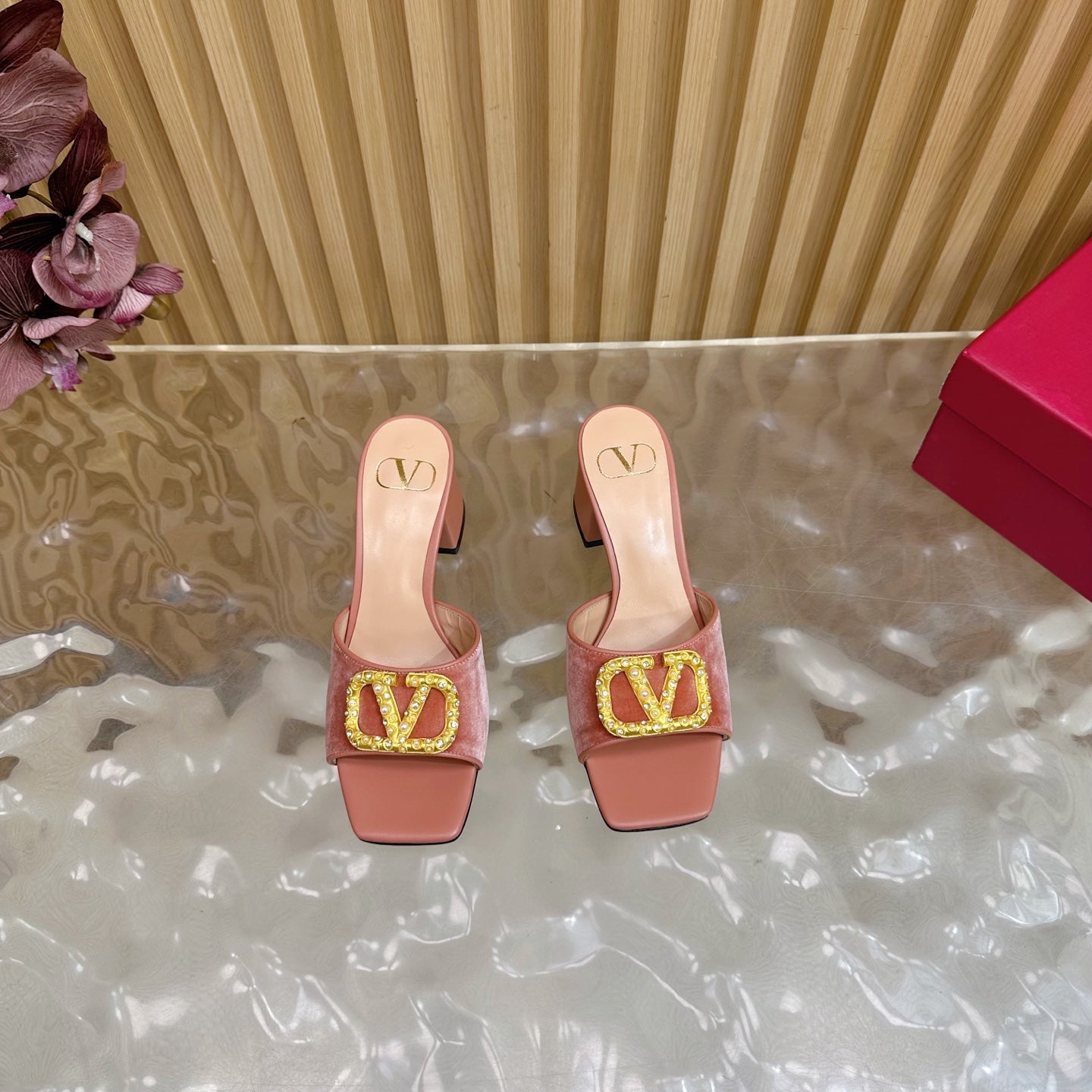 VALENTINO 25S HIGH-HEEL MULES 60 MM IN PEACH PINK VELVET AND CALFSKIN WITH GOLD HARDWARE