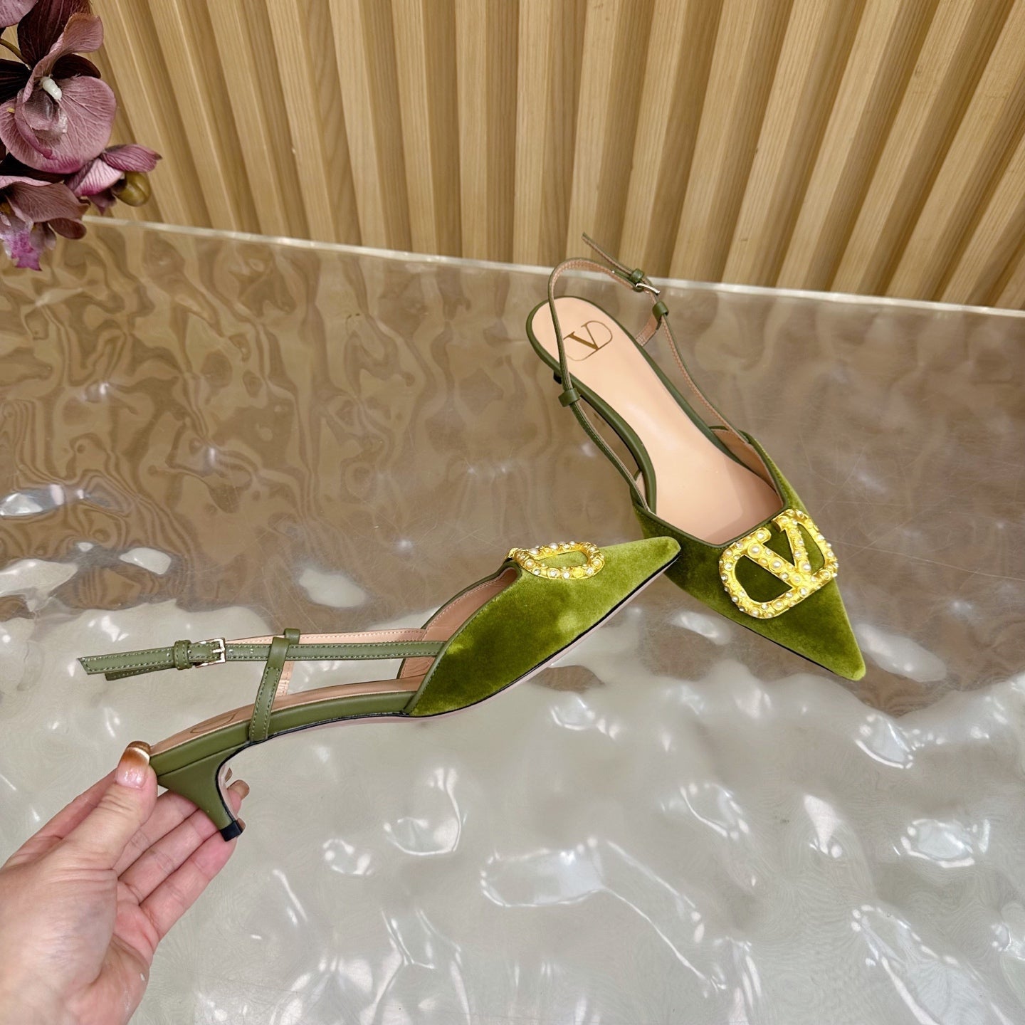 VALENTINO 25S HIGH-HEEL SLINGBACKS IN MOSS GREEN VELVET WITH GOLD HARDWARE