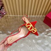 VALENTINO 25S HIGH-HEEL SLINGBACKS IN RED VELVET WITH GOLD HARDWARE