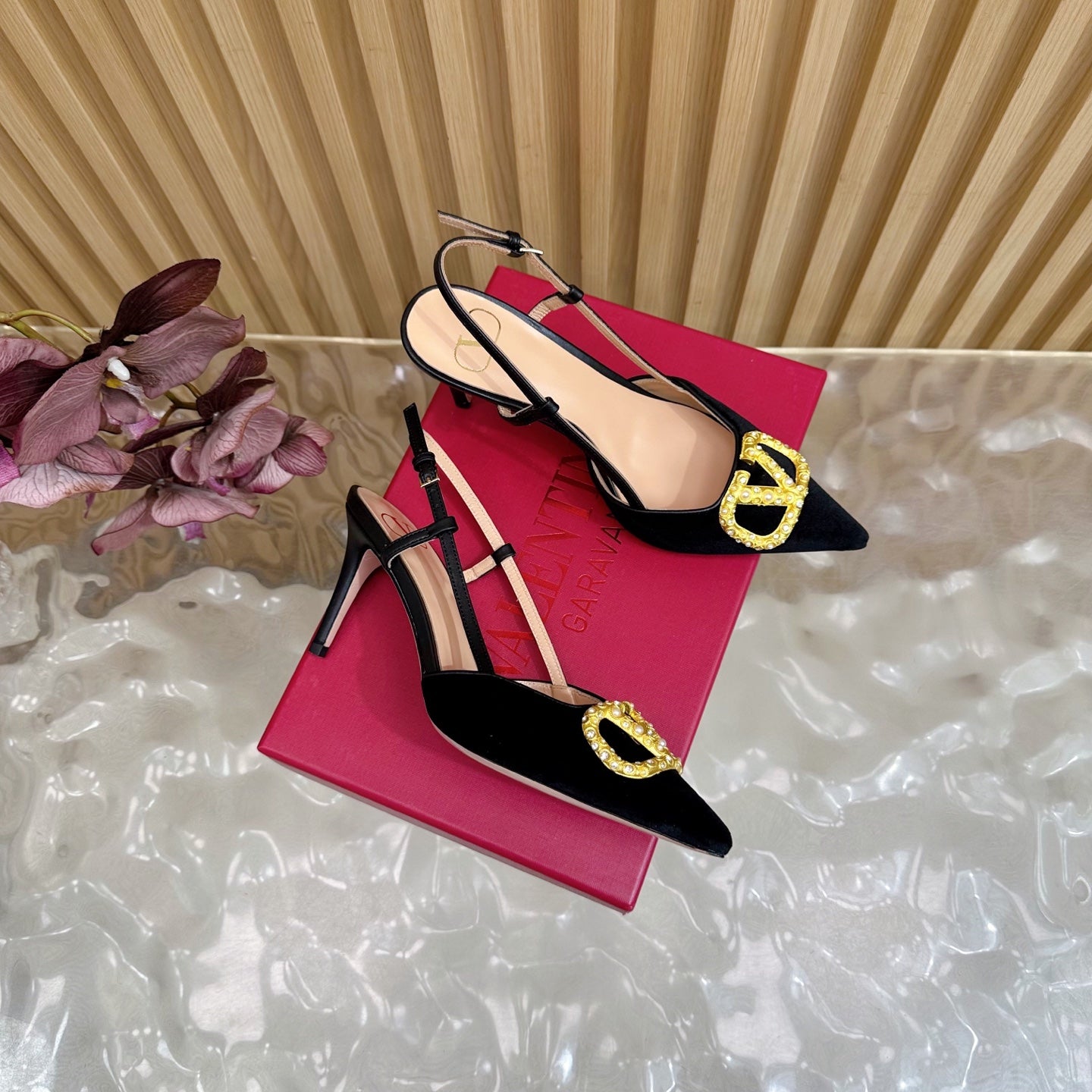 VALENTINO 25S HIGH-HEEL SLINGBACKS IN BLACK VELVET WITH GOLD HARDWARE