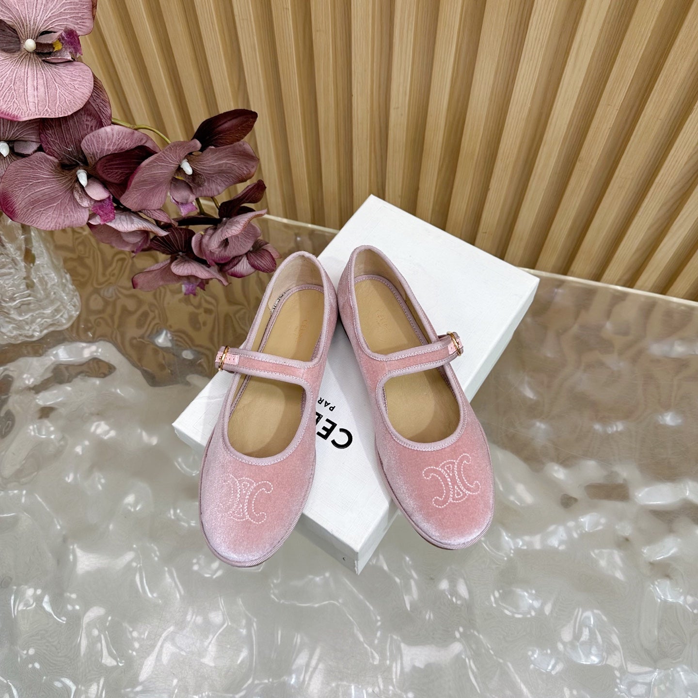 CELINE 26S MARY JANE FLATS IN PINK VELVET