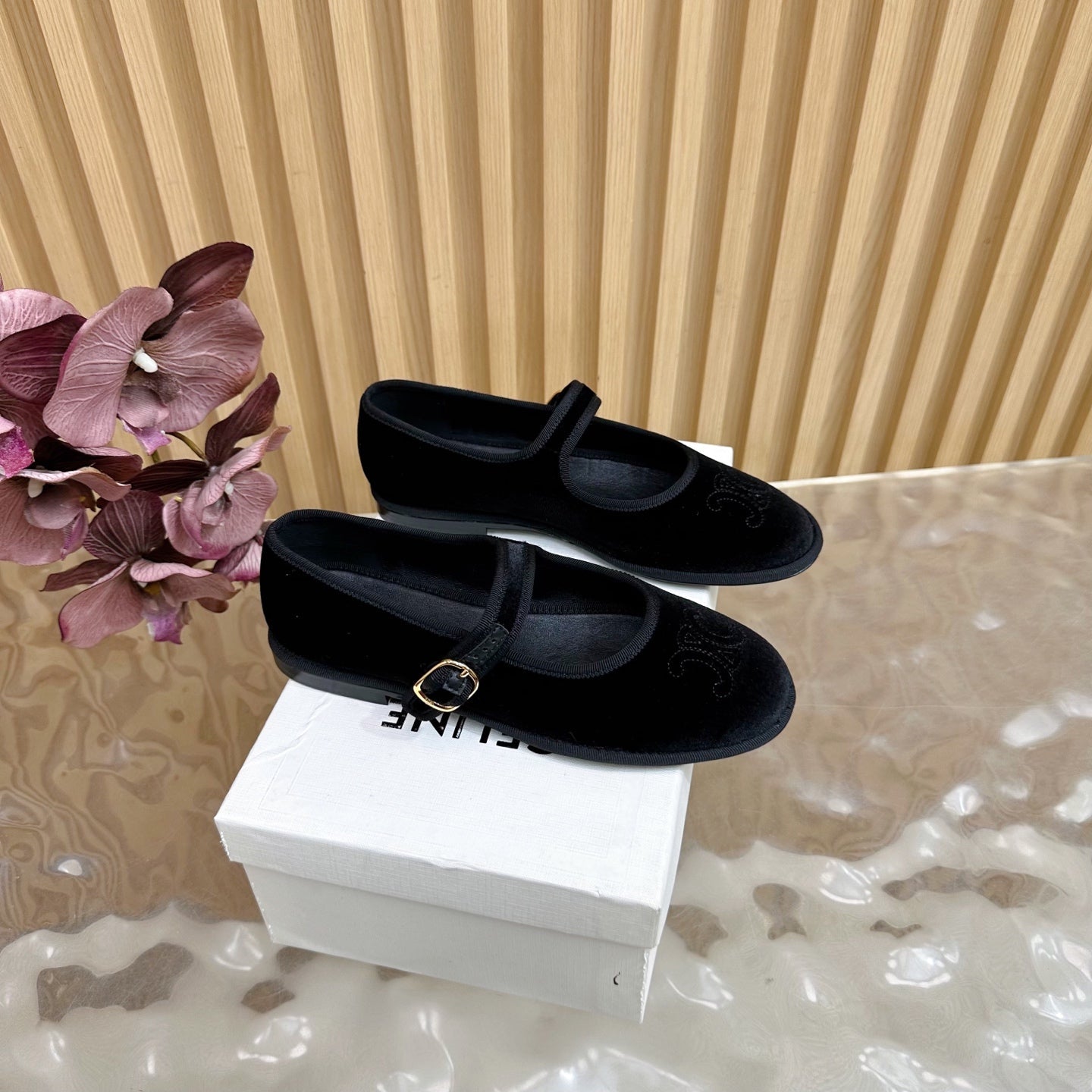 CELINE 26S MARY JANE FLATS IN BLACK VELVET