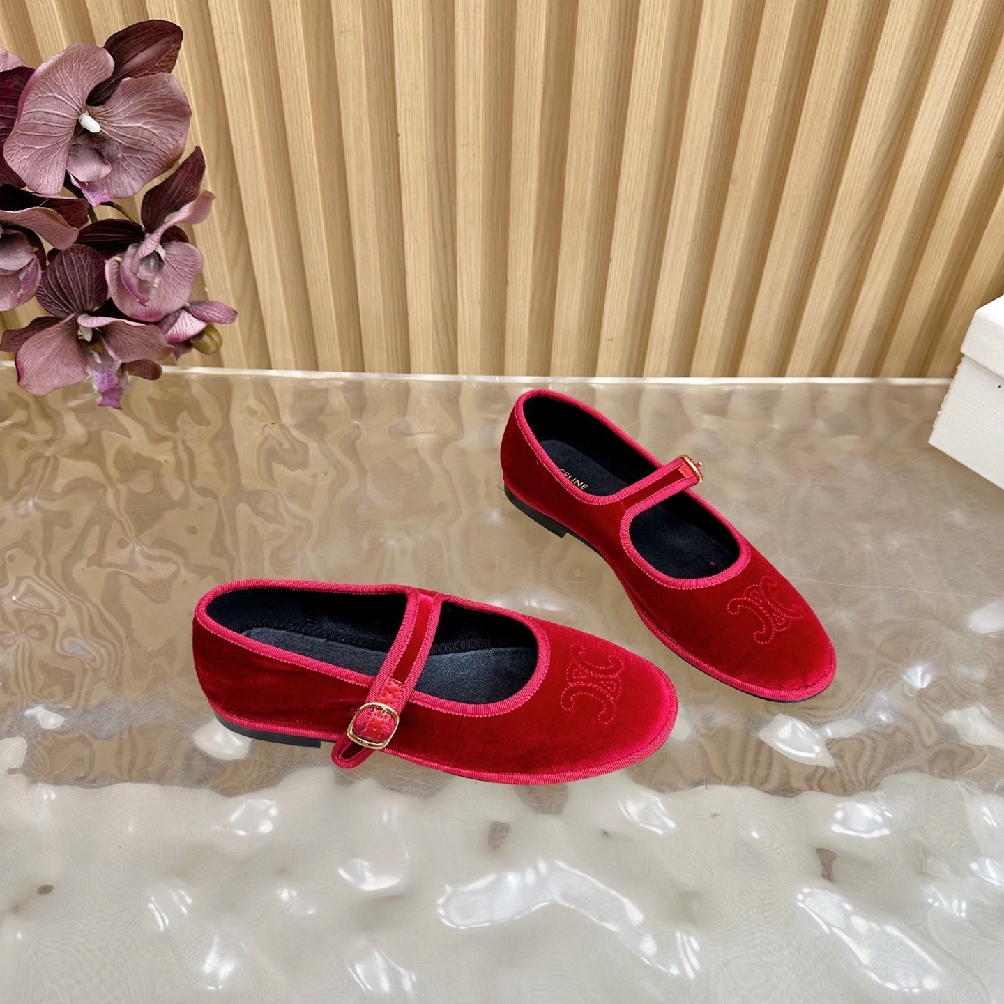 CELINE 26S MARY JANE FLATS IN RED VELVET