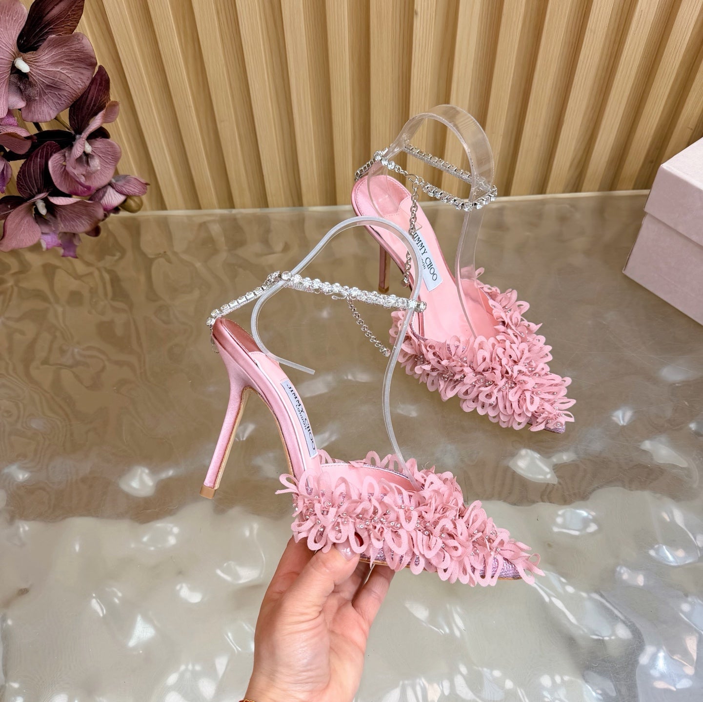 JIMMY CHOO 26S HIGH HEELS 100 MM IN PINK FABRIC AND LAMBSKIN CRYSTAL STRAPS