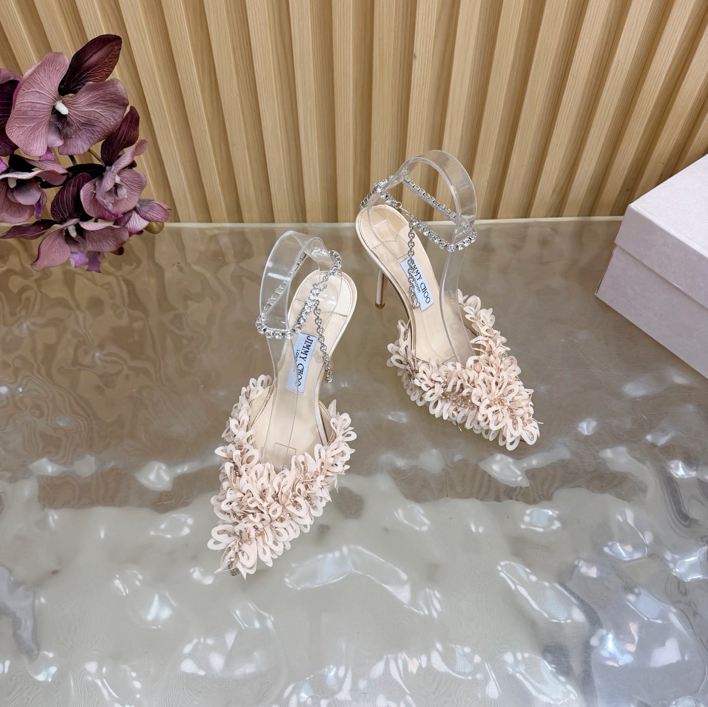 JIMMY CHOO 26S HIGH HEELS 100 MM IN NUDE PINK FABRIC AND LAMBSKIN CRYSTAL STRAPS