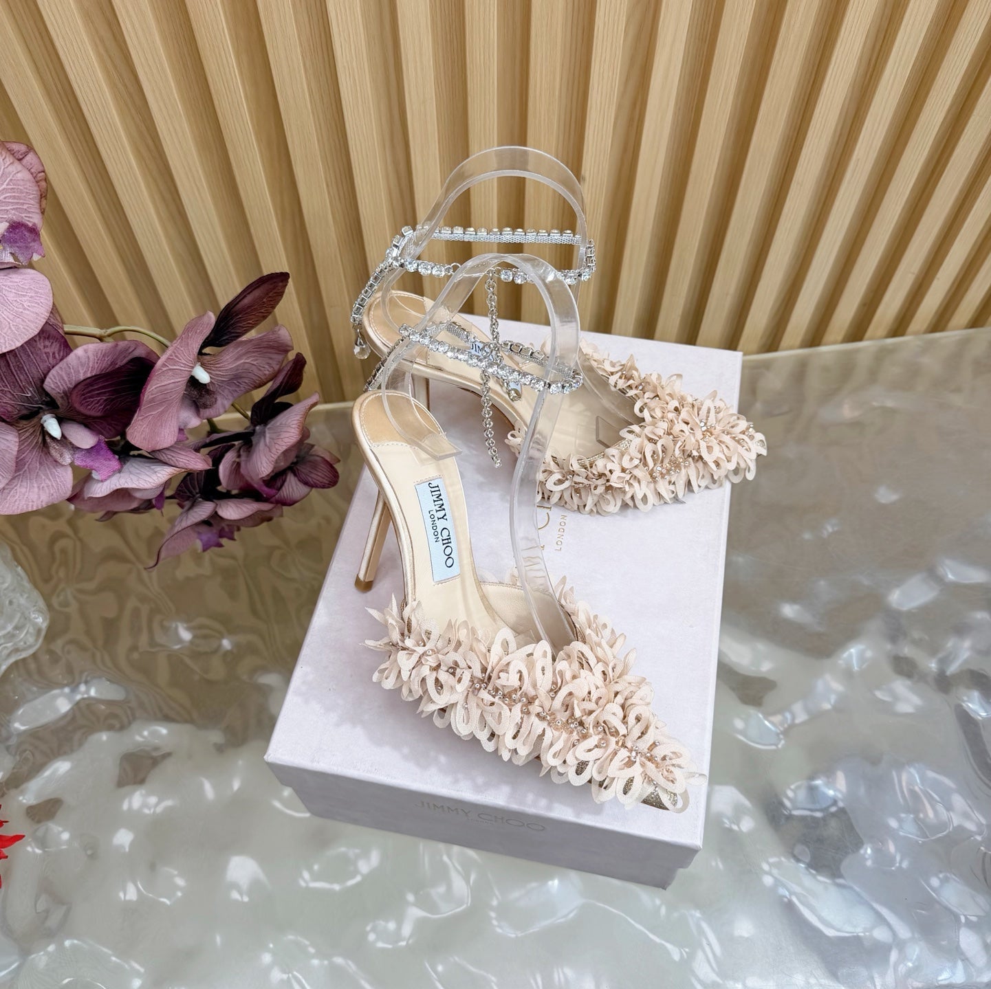 JIMMY CHOO 26S HIGH HEELS 100 MM IN NUDE PINK FABRIC AND LAMBSKIN CRYSTAL STRAPS