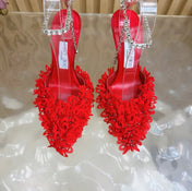 JIMMY CHOO 26S HIGH HEELS 100 MM IN RED FABRIC AND LAMBSKIN CRYSTAL STRAPS