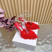 JIMMY CHOO 26S HIGH HEELS 100 MM IN RED FABRIC AND LAMBSKIN CRYSTAL STRAPS