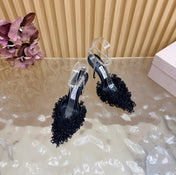 JIMMY CHOO 26S HIGH HEELS 100 MM IN BLACK FABRIC AND LAMBSKIN CRYSTAL STRAPS