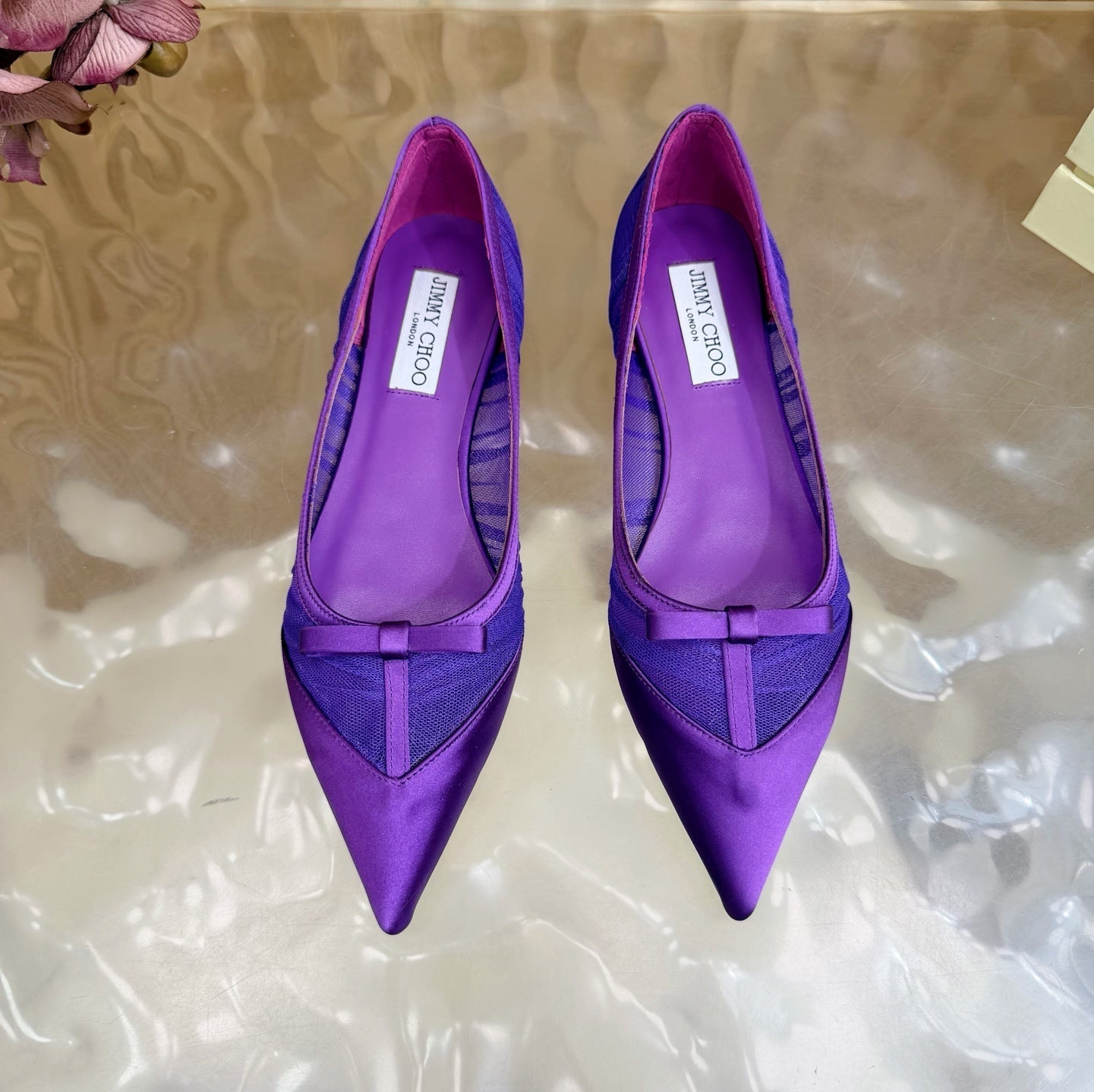 JIMMY CHOO 26S FLATS IN DARK PURPLE LACE AND SATIN