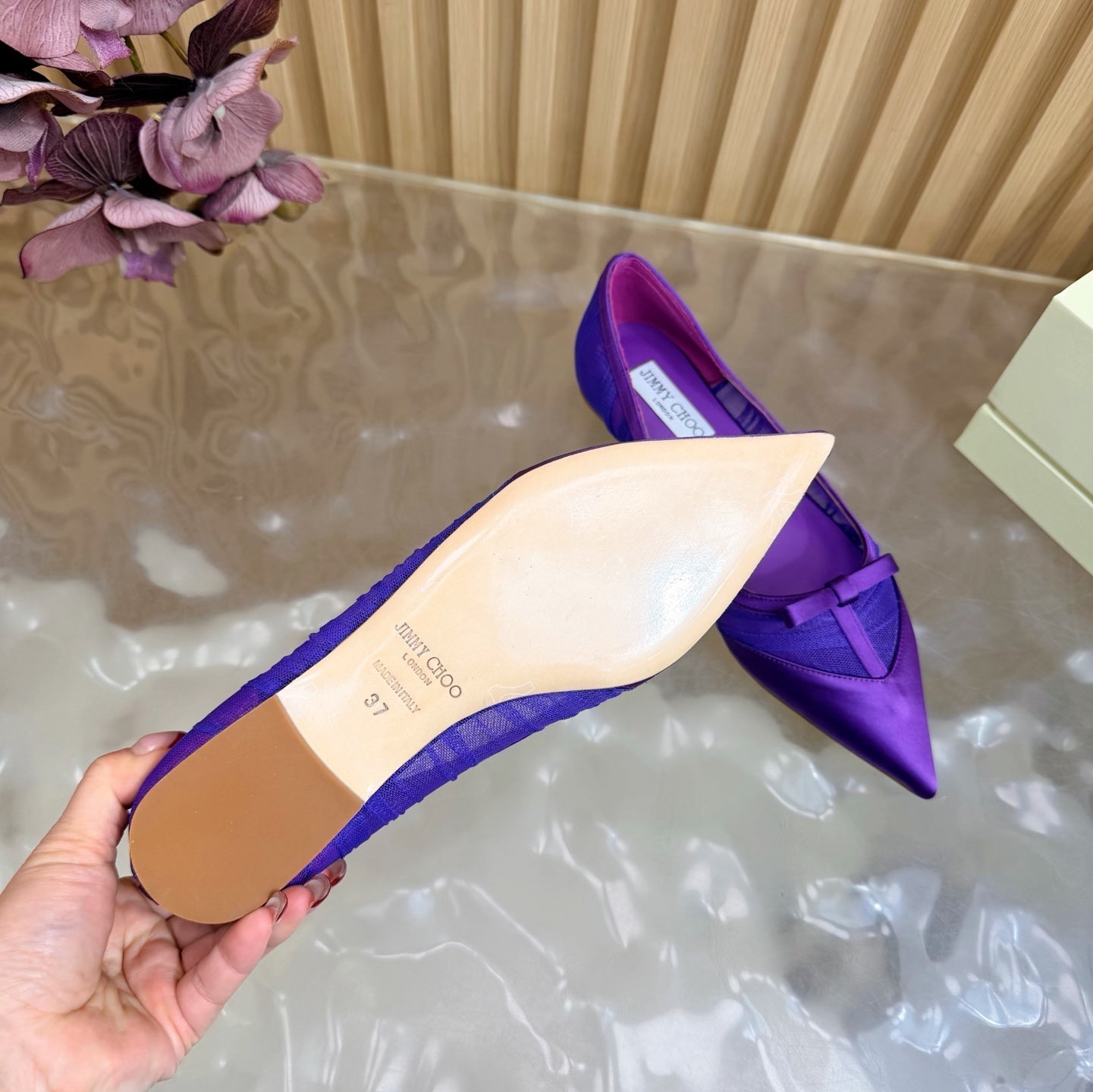 JIMMY CHOO 26S FLATS IN DARK PURPLE LACE AND SATIN