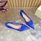 JIMMY CHOO 26S FLATS IN DARK BLUE LACE AND SATIN