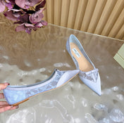 JIMMY CHOO 26S FLATS IN PASTEL BLUE LACE AND SATIN