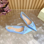 JIMMY CHOO 26S FLATS IN SKY BLUE LACE AND SATIN