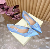 JIMMY CHOO 26S FLATS IN SKY BLUE LACE AND SATIN