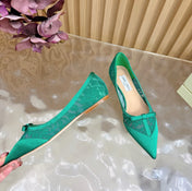 JIMMY CHOO 26S FLATS IN GREEN LACE AND SATIN