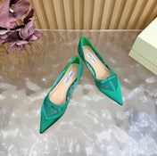 JIMMY CHOO 26S FLATS IN GREEN LACE AND SATIN