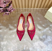 JIMMY CHOO 26S FLATS IN RED LACE AND SATIN