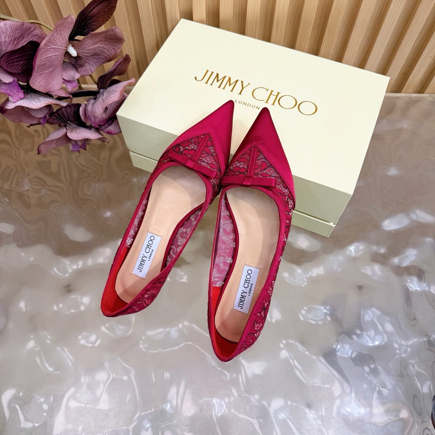 JIMMY CHOO 26S FLATS IN RED LACE AND SATIN