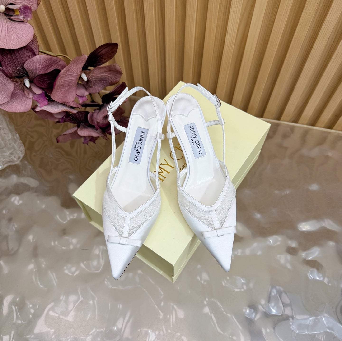 JIMMY CHOO 26S SLINGBACK HEELS 65 MM IN WHITE MESH AND SATIN