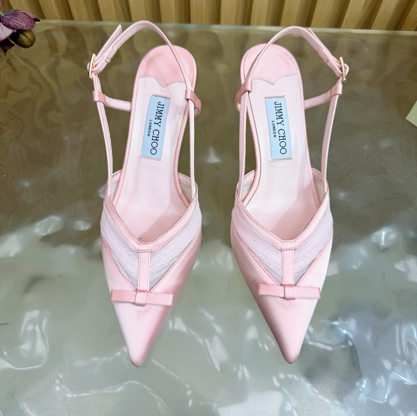JIMMY CHOO 26S SLINGBACK HEELS 65 MM IN LIGHT PINK MESH AND SATIN
