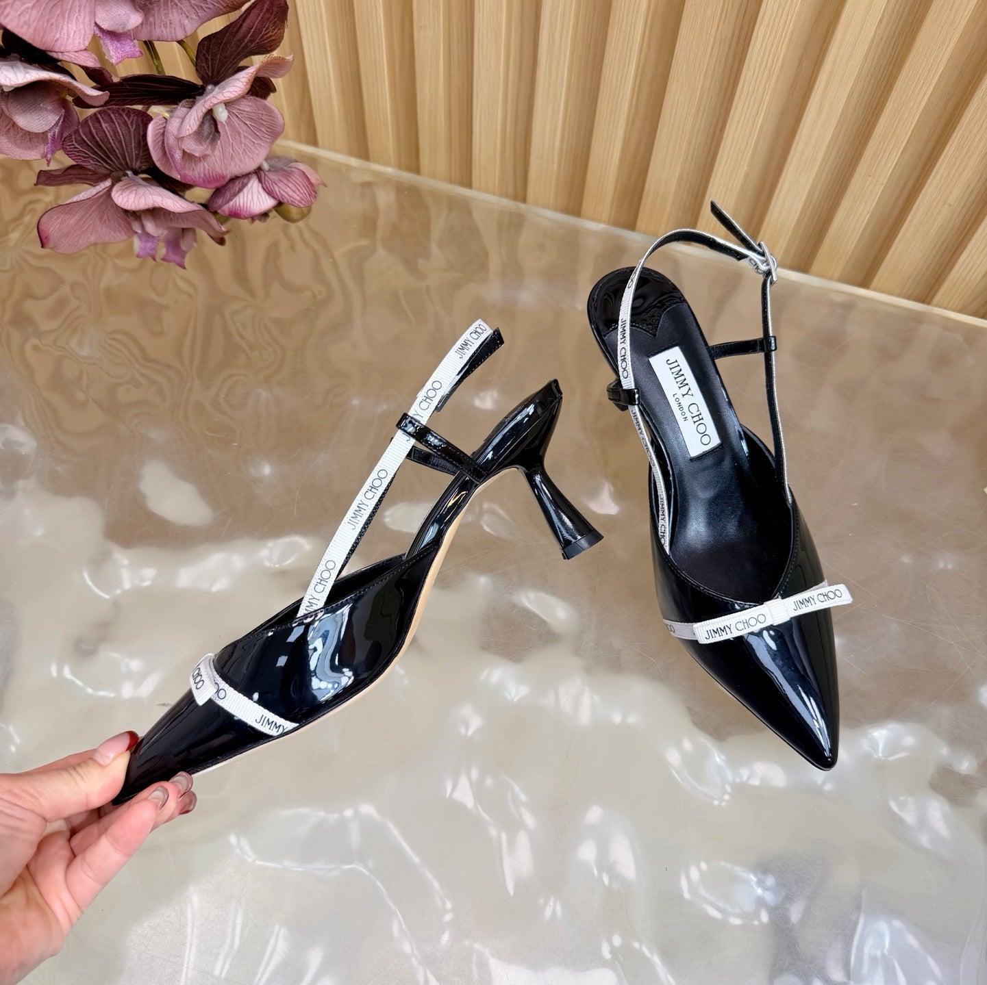 JIMMY CHOO 26S SLINGBACK HEELS 65 MM IN BLACK PATENT CALFSKIN