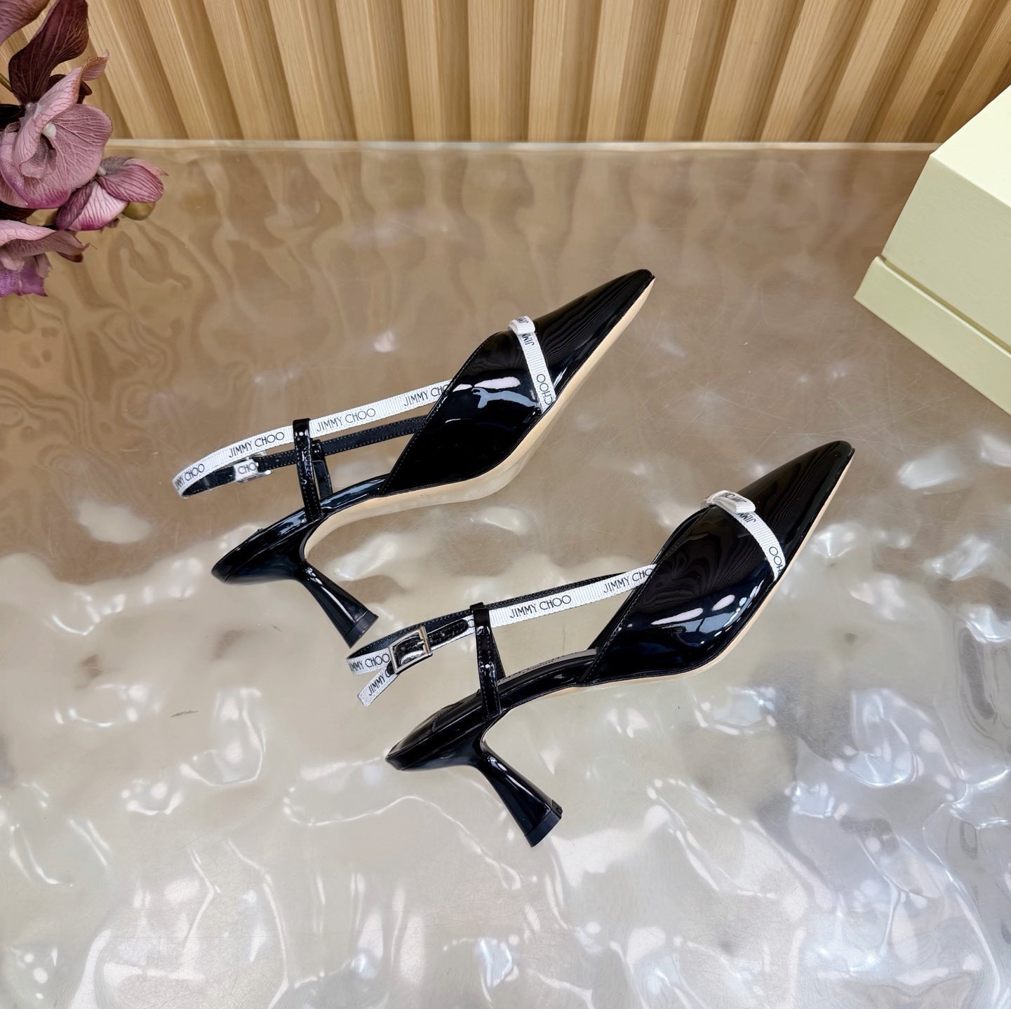 JIMMY CHOO 26S SLINGBACK HEELS 65 MM IN BLACK PATENT CALFSKIN