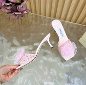 JIMMY CHOO 26S HIGH-HEELED SANDALS 65 MM IN LIGHT PINK LACE FLOWER