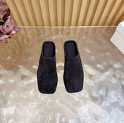 THE ROW 26S SQUARE TOE MULE FLATS IN DARK BROWN SUEDE