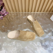 THE ROW 26S SQUARE TOE MULE FLATS IN CAMEL BROWN SUEDE