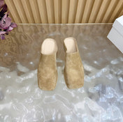 THE ROW 26S SQUARE TOE MULE FLATS IN CAMEL BROWN SUEDE