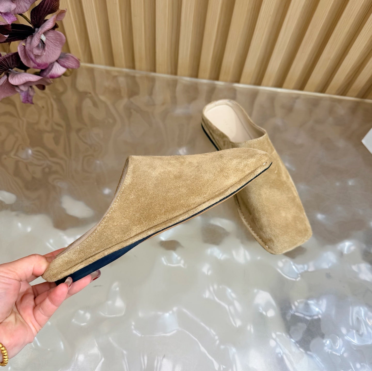 THE ROW 26S SQUARE TOE MULE FLATS IN CAMEL BROWN SUEDE