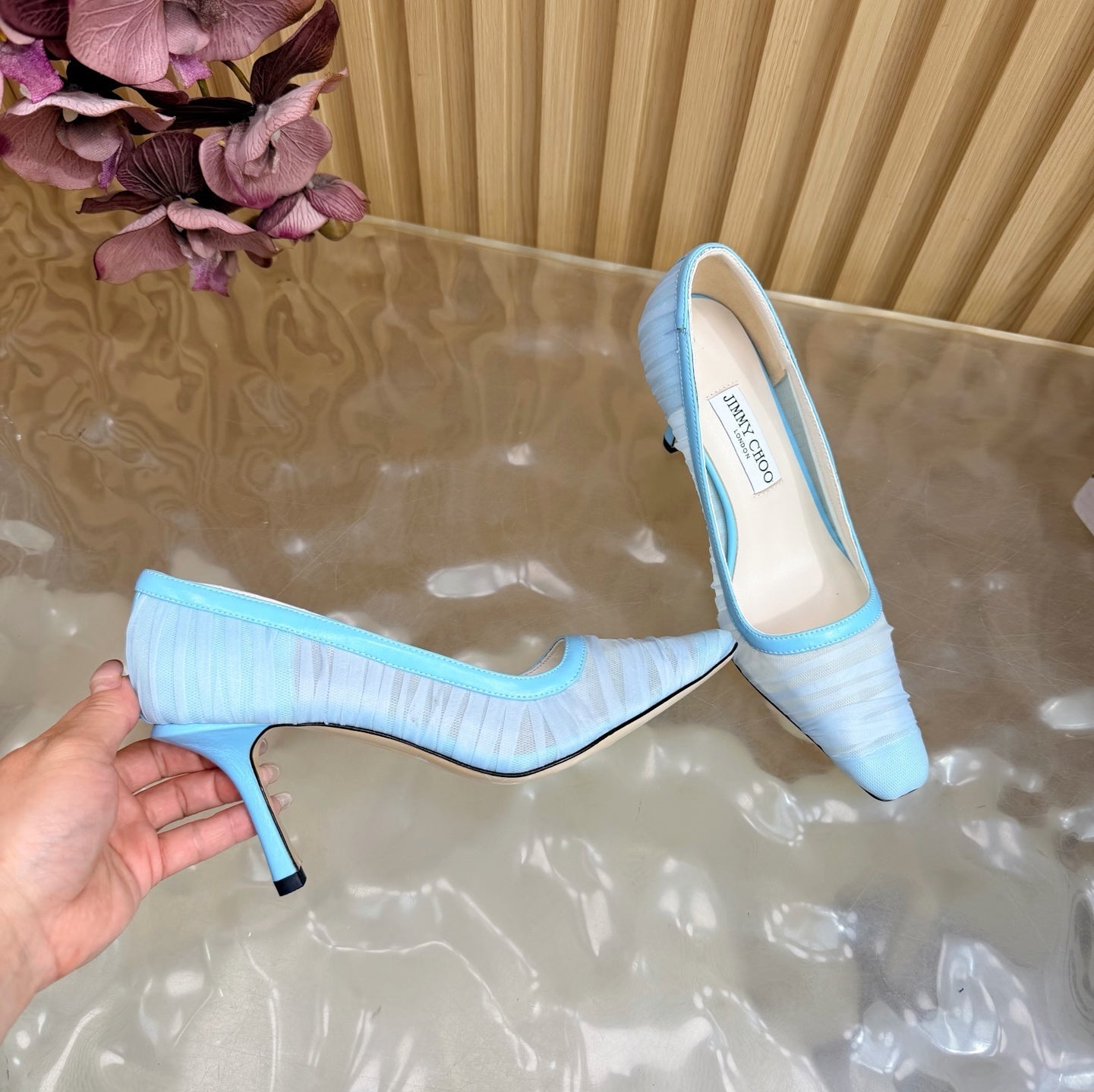 JIMMY CHOO 26S HIGH HEELS 85 MM IN LIGHT BLUE MESH