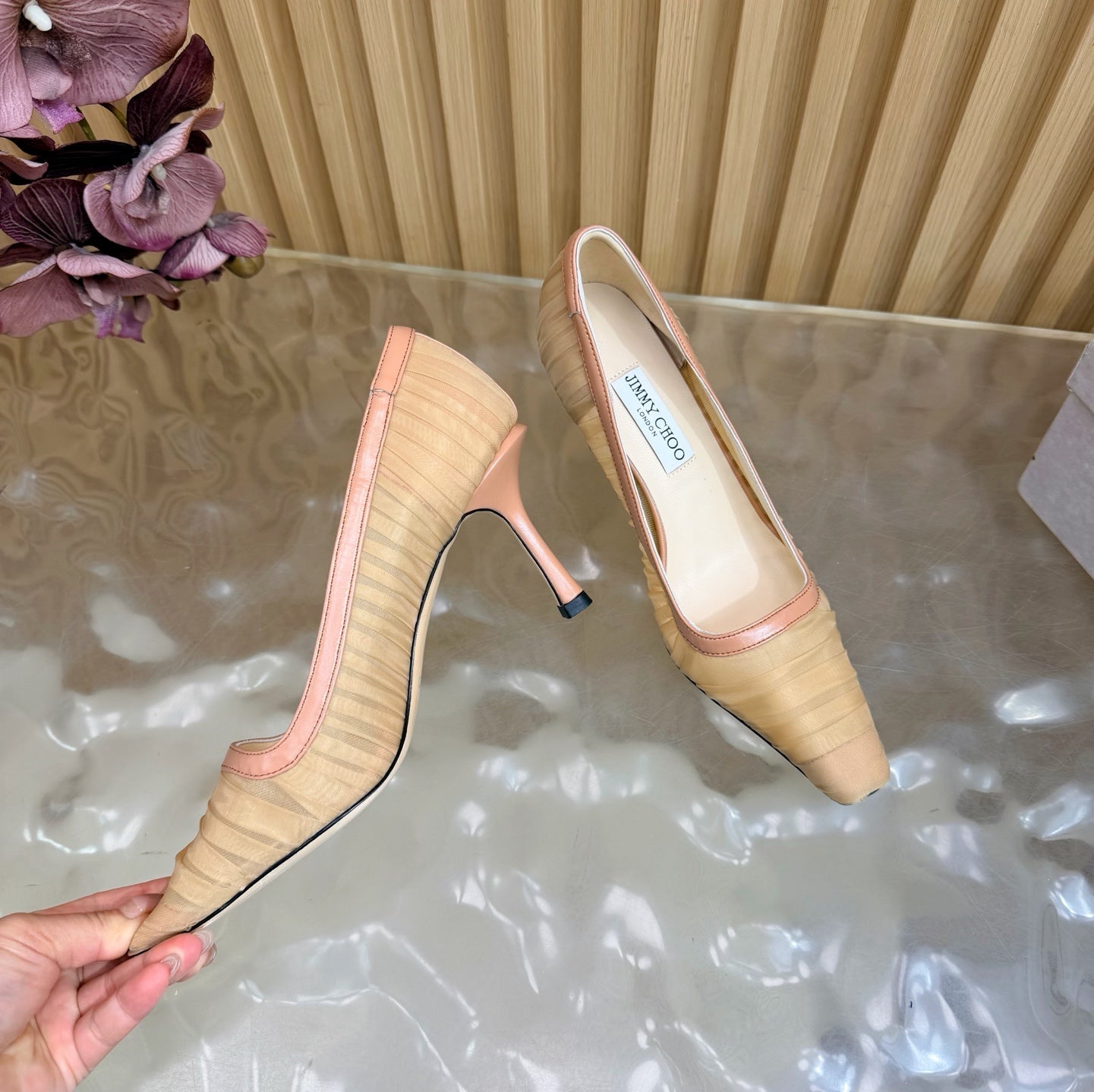 JIMMY CHOO 26S HIGH HEELS 85 MM IN BEIGE NUDE MESH