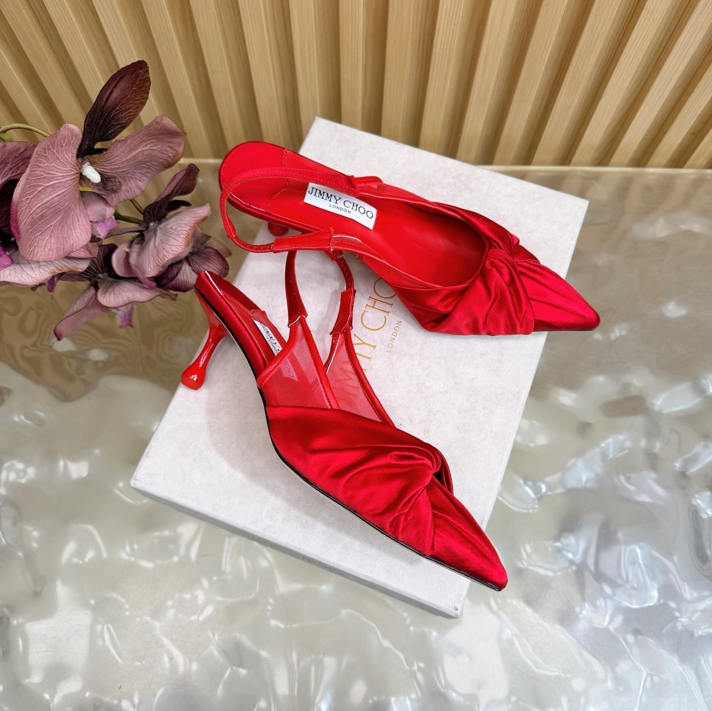 JIMMY CHOO 26S SLINGBACK HEELS 60 MM IN RED SATIN WITH KNOT DETAIL